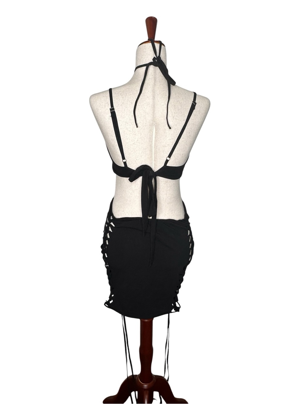Dolls Kill Darker Waves Shredded Black Cutout Lace-up Bodycon Rave Mini Dress - Picture 8 of 15
